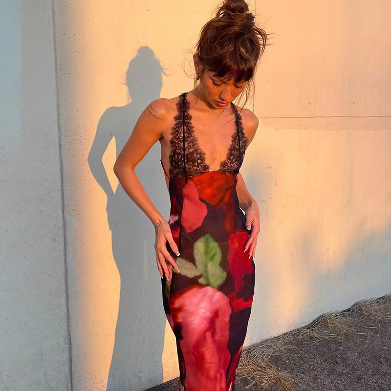 Rosalinda Abstrakcyjna, kwiatowa, koronkowa, patchworkowa sukienka maxi ze sznurowaniem na plecach