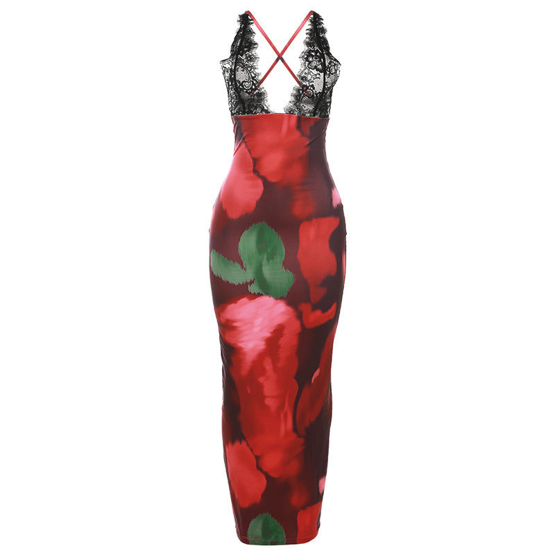 Rosalinda Abstrakcyjna, kwiatowa, koronkowa, patchworkowa sukienka maxi ze sznurowaniem na plecach