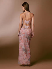 🦋Wąska sukienka z nadrukiem w kształcie motyla, bez pleców, wiązana na szyi