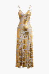 Sukienka maxi z metalicznym nadrukiem i dekoltem w kształcie litery V, bez pleców