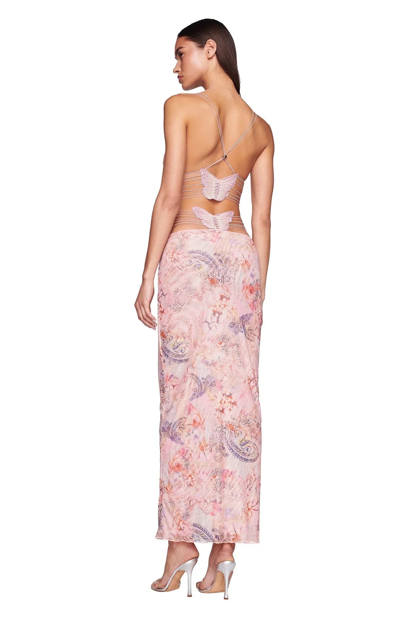 🦋Wąska sukienka z nadrukiem w kształcie motyla, bez pleców, wiązana na szyi