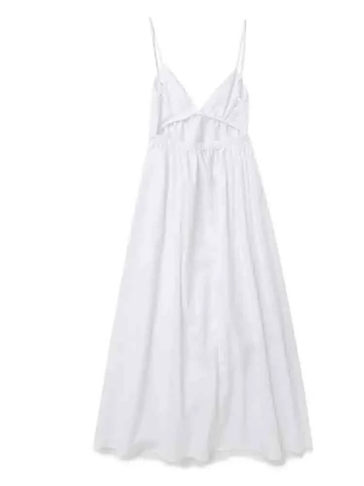 Biała sukienka midi na ramiączkach z dekoltem w kształcie litery V i odkrytymi plecami