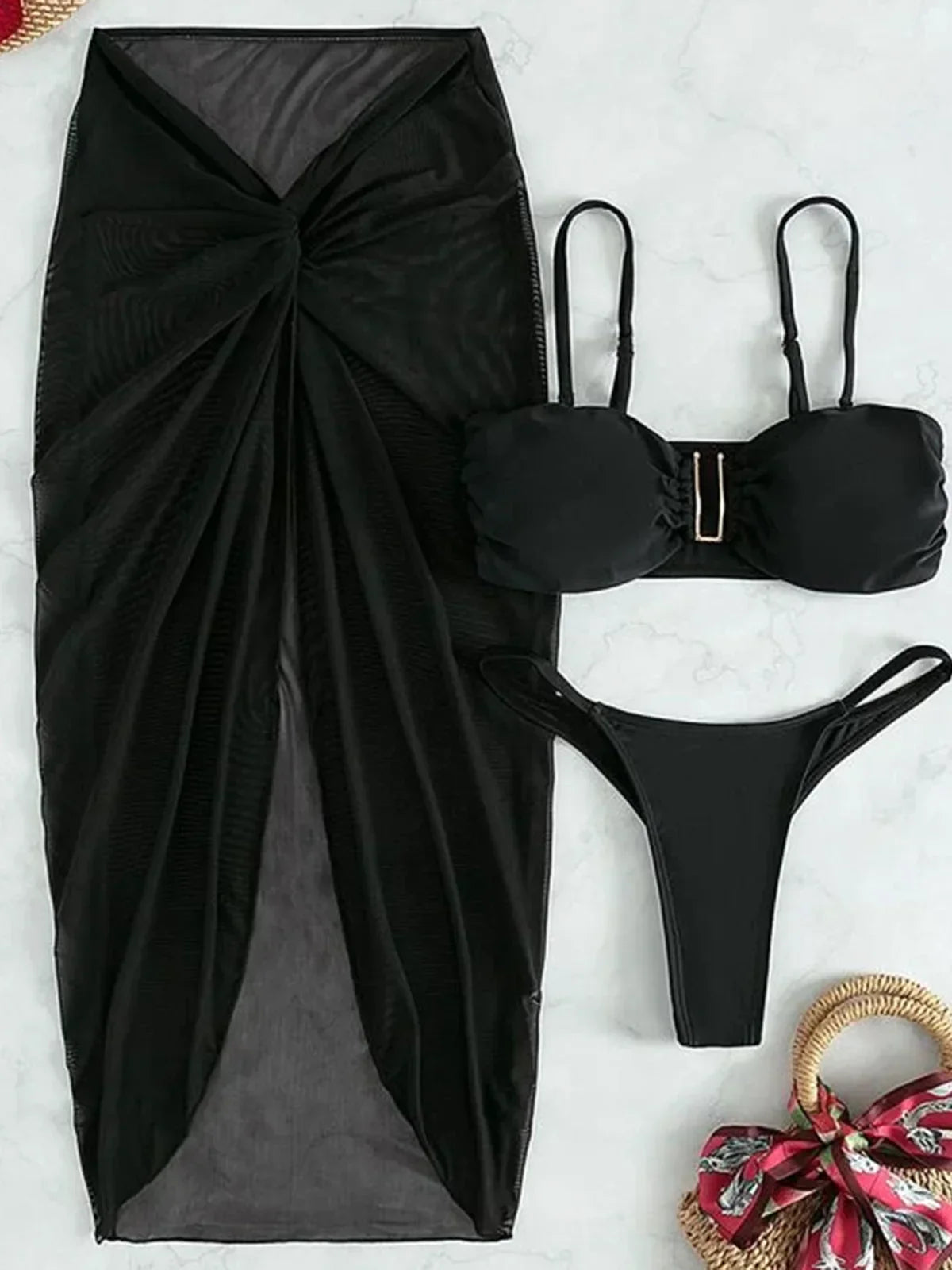 💕Pomarszczony, wysoko wycięty zestaw bikini z Sarongiem – 3-częściowy damski strój kąpielowy👙